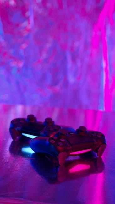 Modern gaming console with glowing blue lights